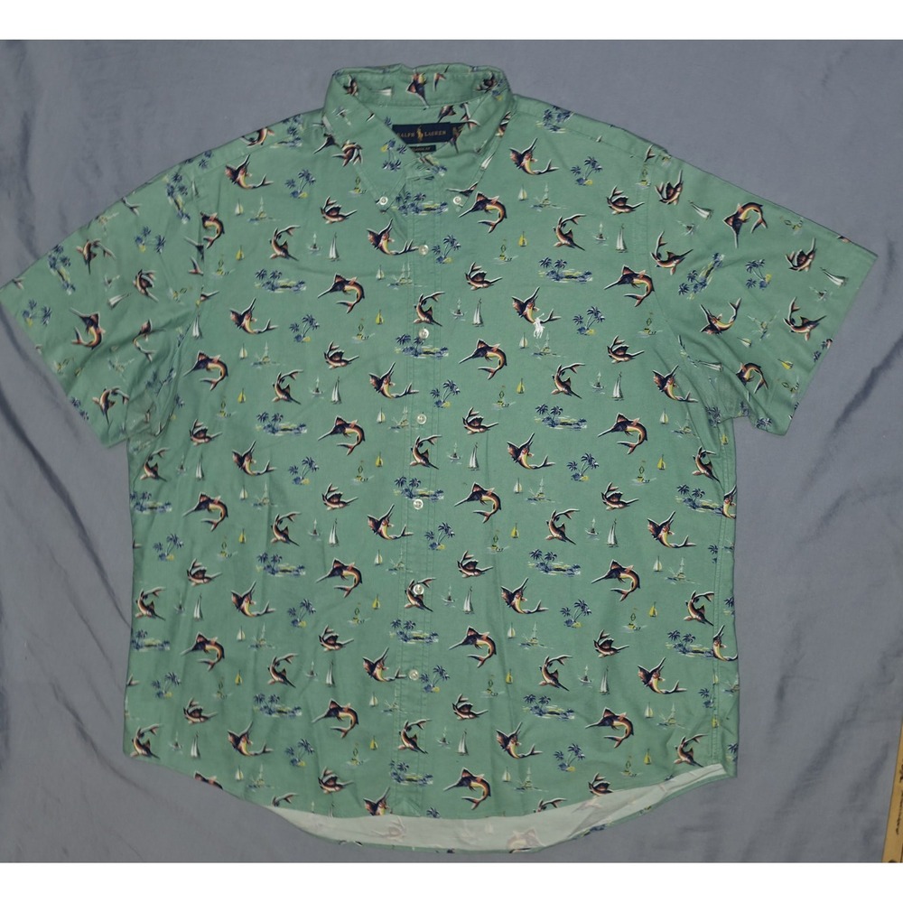 Ralph Lauren Shirt Hawaiian Men XL Tropical Swordfish Boat Green AOP